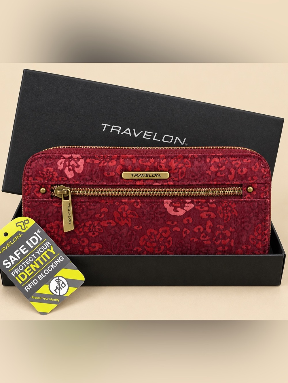 Travelon Red Floral RFID-Blocking Zip Wallet with Gold Accents